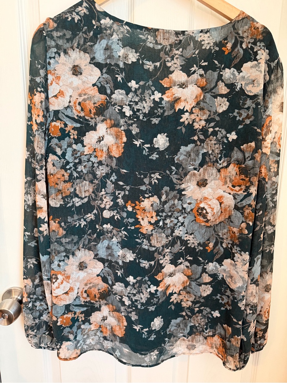 Calvin Klein Chiffon Floral Pleated V-Neck Blouse Green Orange - Size [XL]. EUC - Picture 5 of 11